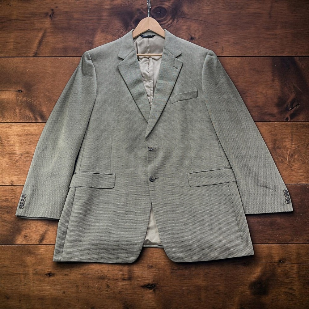 Vintage Burberry London Men 46L Silk Wool Blazer Olive Grey Houndstooth Made USA